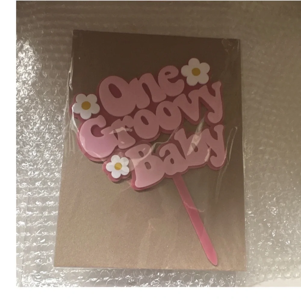 Cake Depot LLC One Groovy Baby Pink Acrylic Floral Double Layer Cake Topper 1pk
